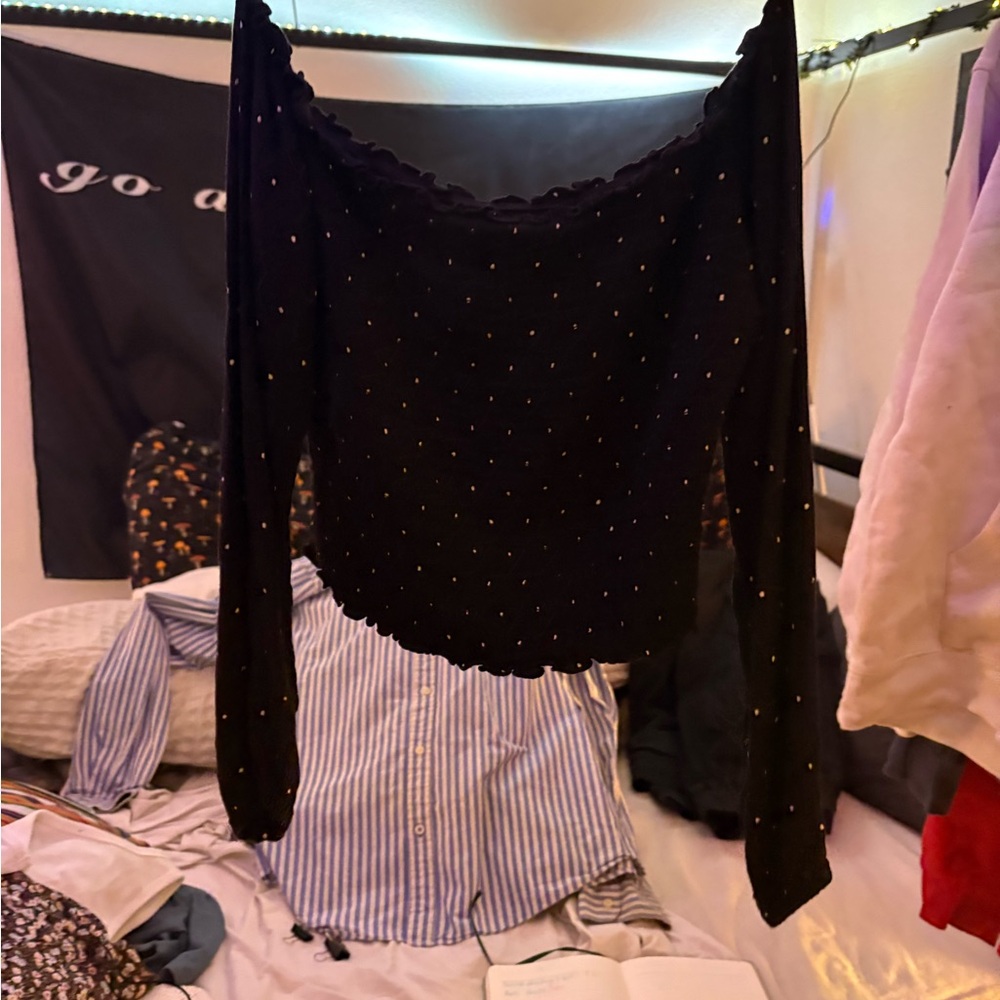 Hollister Black Blouse with White Dots